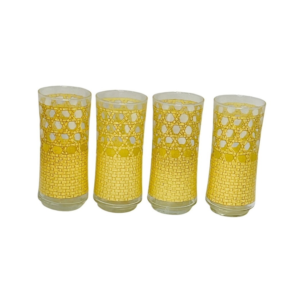 Vtg MCM LIBBEY Rattan Cane Basket Weave Highball 6.5 tumbler glasses 4 boho tiki